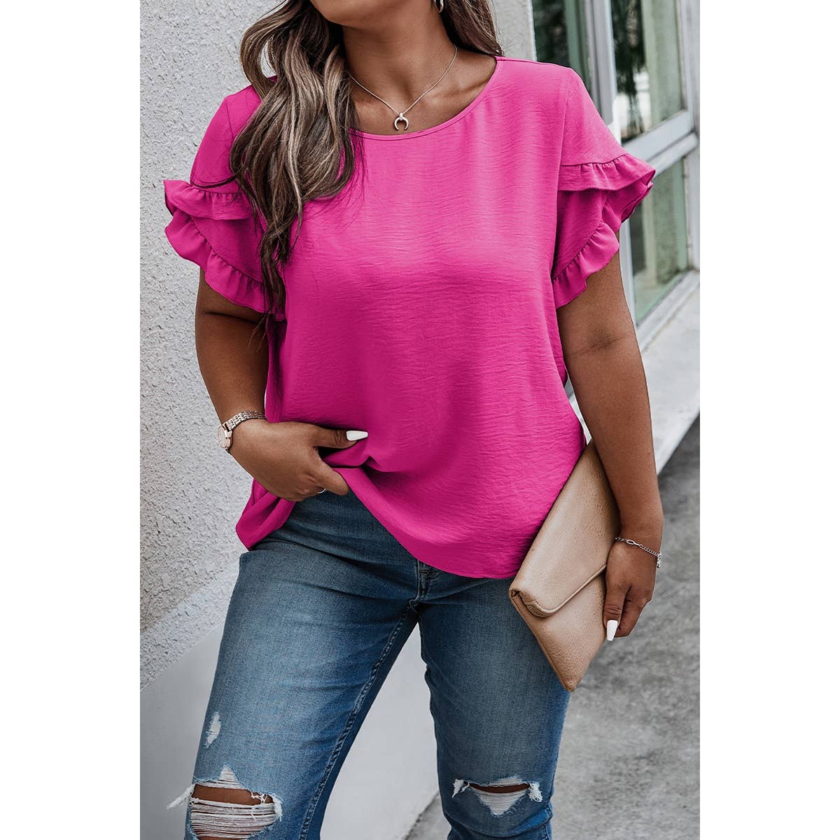 Plus Size Round Neck Ruffle Solid Loose Shirt - BBHGWM