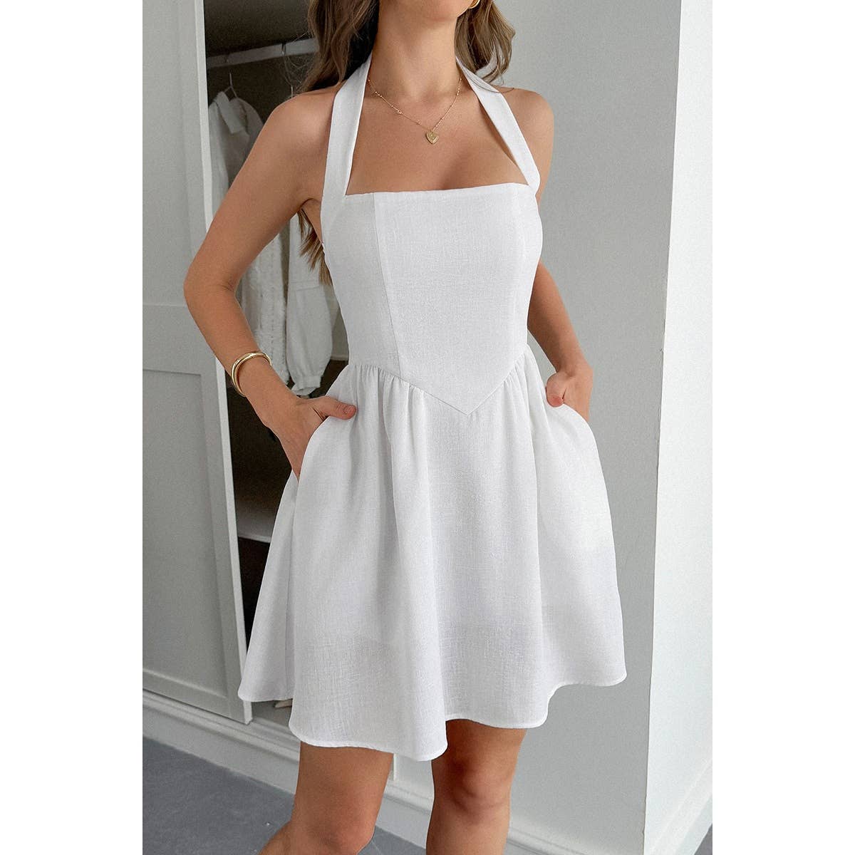 Solid Open Back Hide Zipper Halter Short Dress - BBHGWM