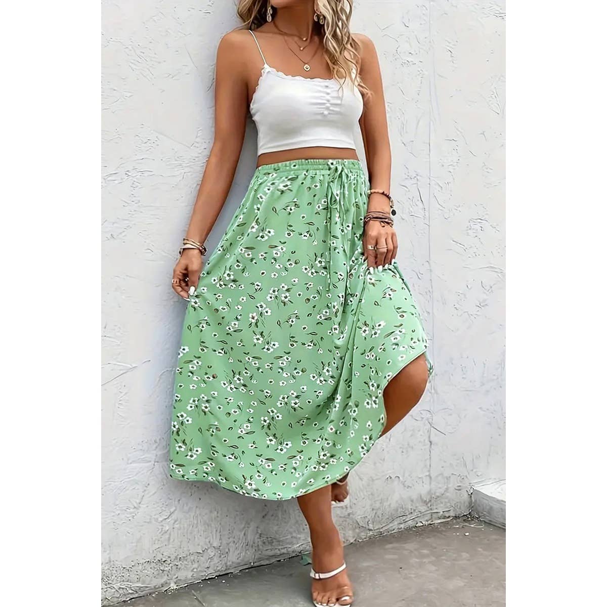 Plus Floral Print Drawstring Waist Fit Skirt - BBHGWM