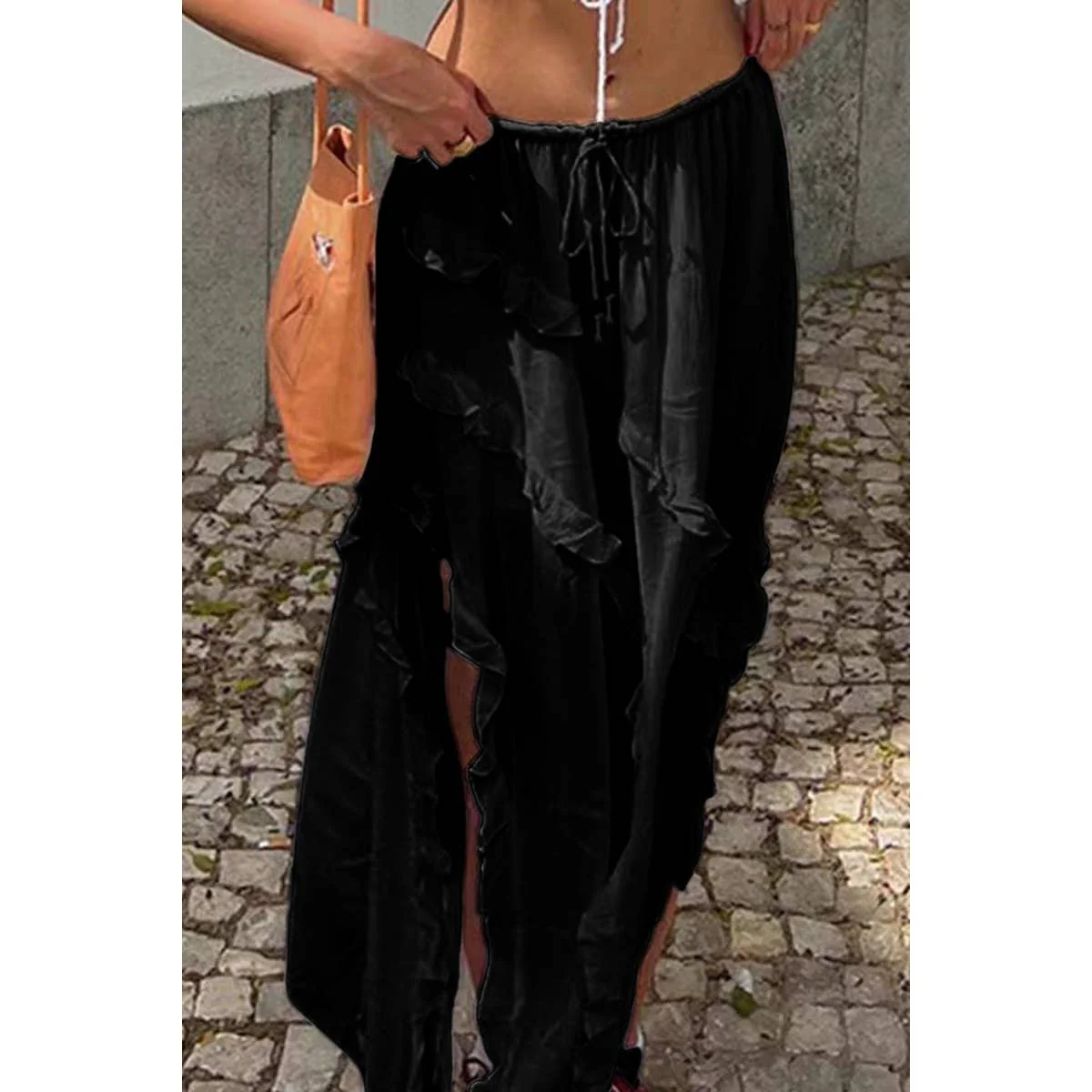 Solid Ruffle Drawstring Waist Asymmetry Hem Skirt - BBHGWM