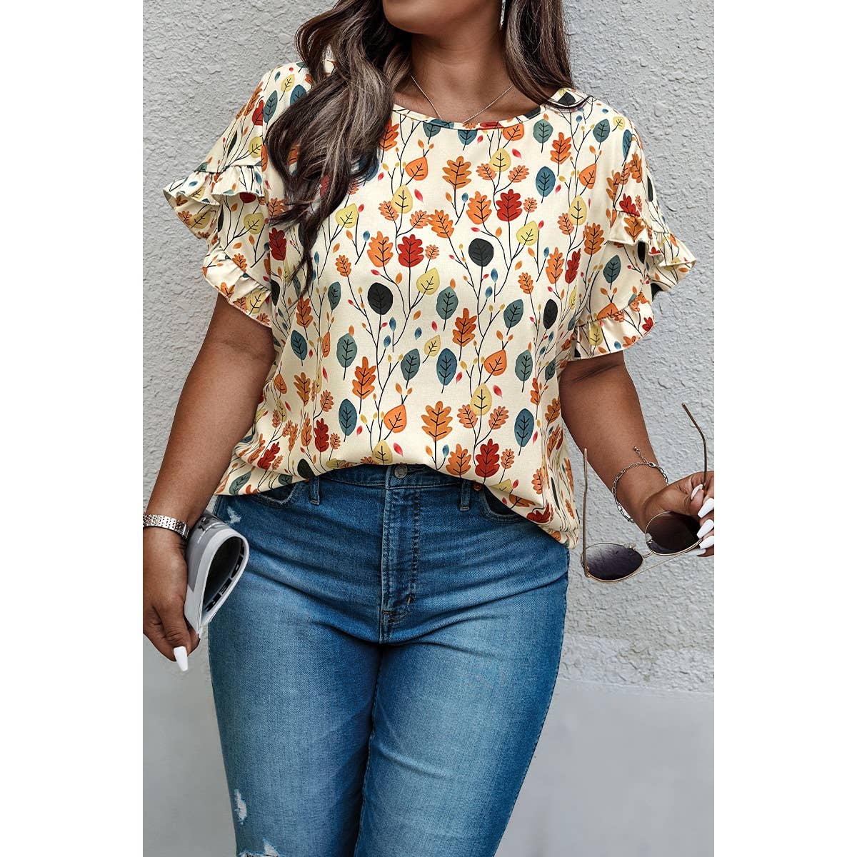 Plus Round Neck Floral Flounce Sleeve Loose Shirt - BBHGWM