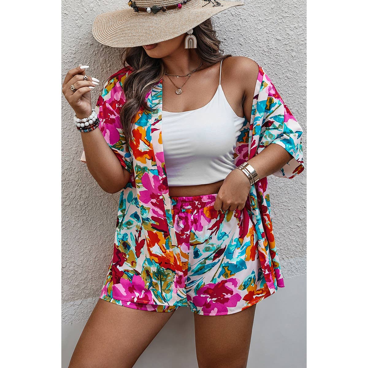 Plus Size Floral Print Open Front Shorts Sets - BBHGWM