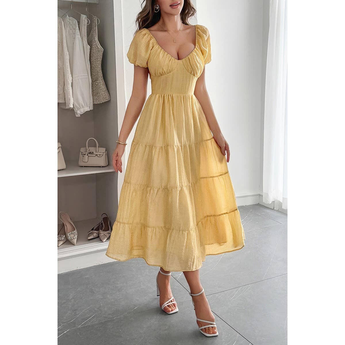 Solid Backless Tiered Puff Sleeve Fit Midi Dress - BBHGWM