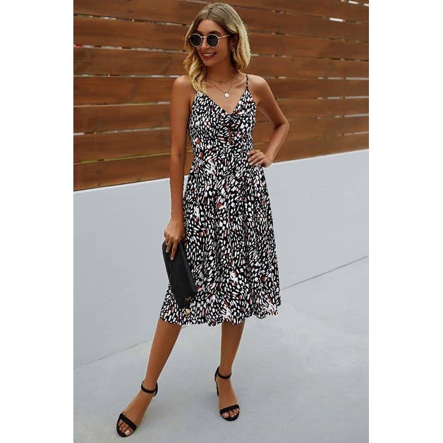 V Neck Spaghetti Strap Leopard Cut Out Midi Dress - BBHGWM