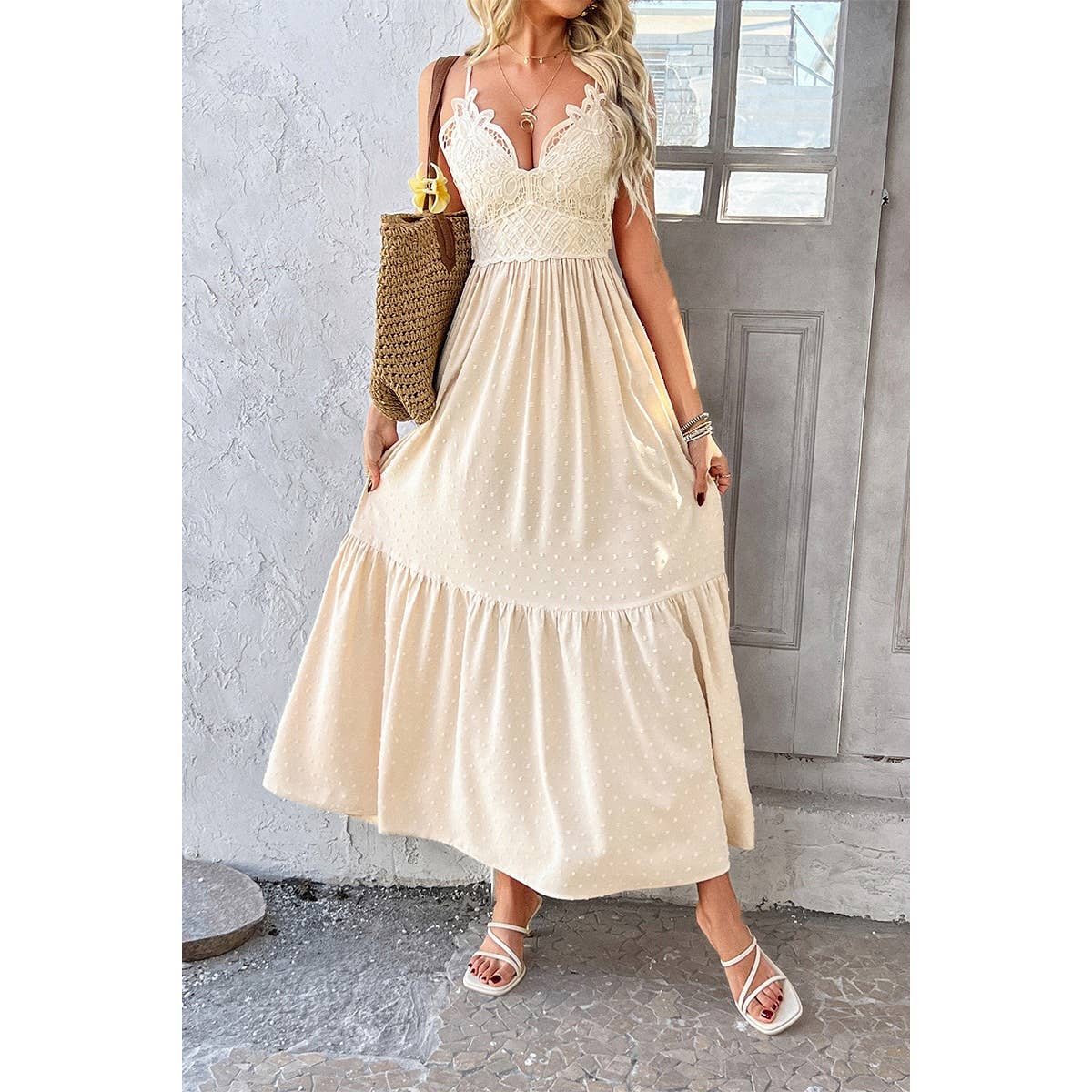 Swiss Dot Lace V Neck A Line Knot Back Dress - BBHGWM