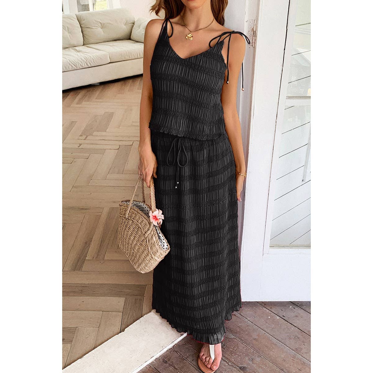 Solid Two Piece Strappy Maxi Skirt Crop Top Set - BBHGWM