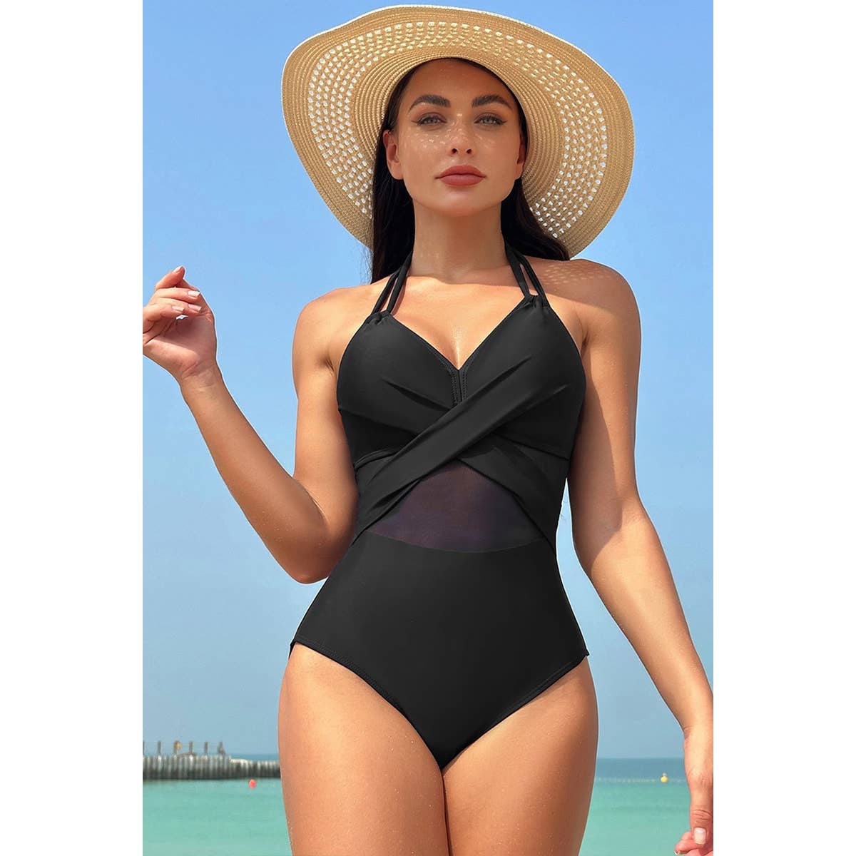 Color Block Halter Cross Lace One Piece Swimsuit - BBHGWM