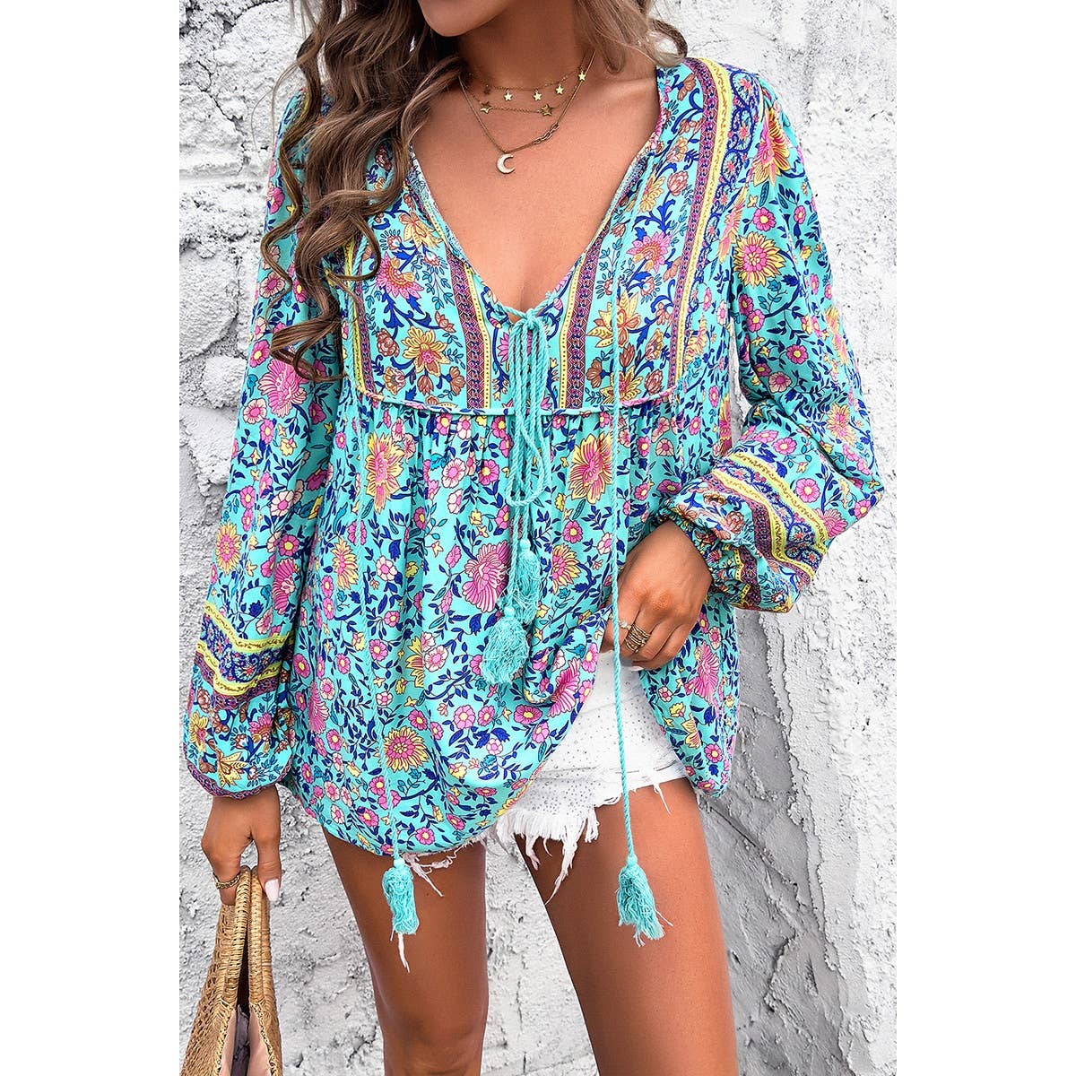 All Over Floral Print Cross Deep V Boho Top - BBHGWM