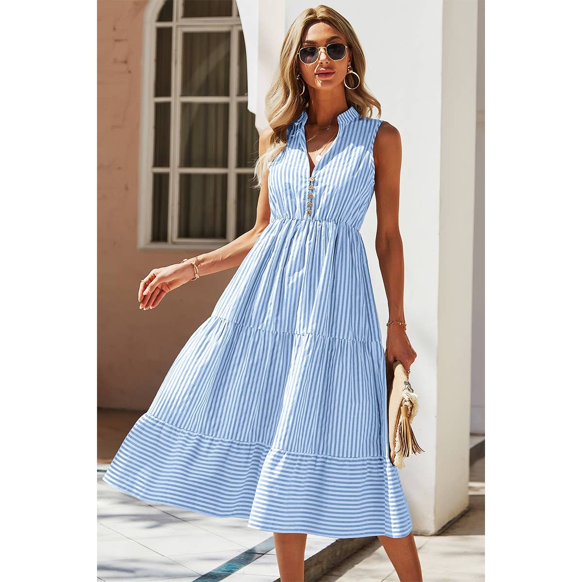 Strip Sleeveless V Neck A Line Color Block Dress - BBHGWM