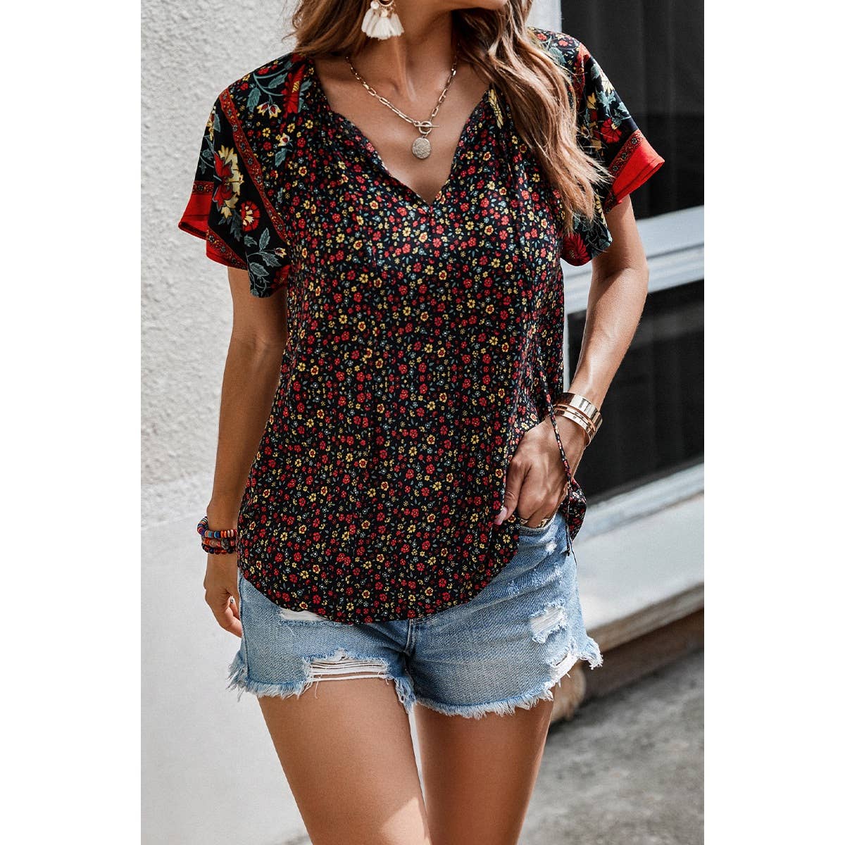 Floral Boho Ruffle V Neck Short Sleeve Loose Shirt - BBHGWM
