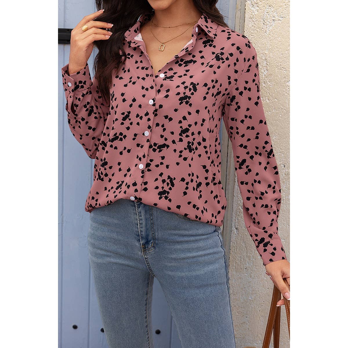 Allover Print V Neck Button Down Loose Blouse - BBHGWM