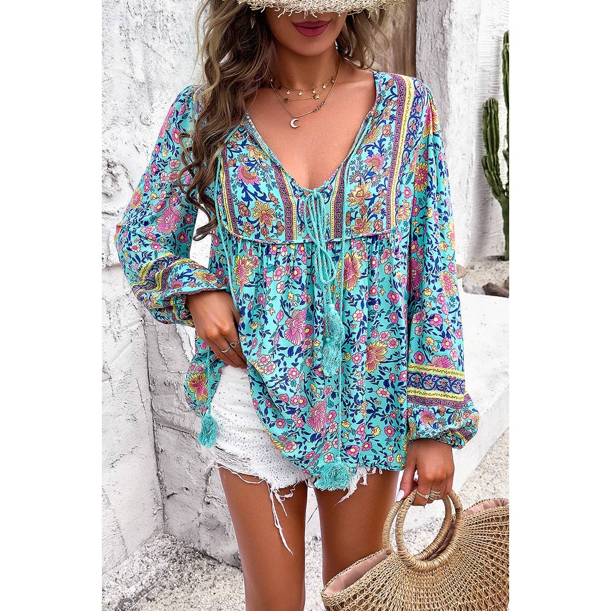 All Over Floral Print Cross Deep V Boho Top - BBHGWM