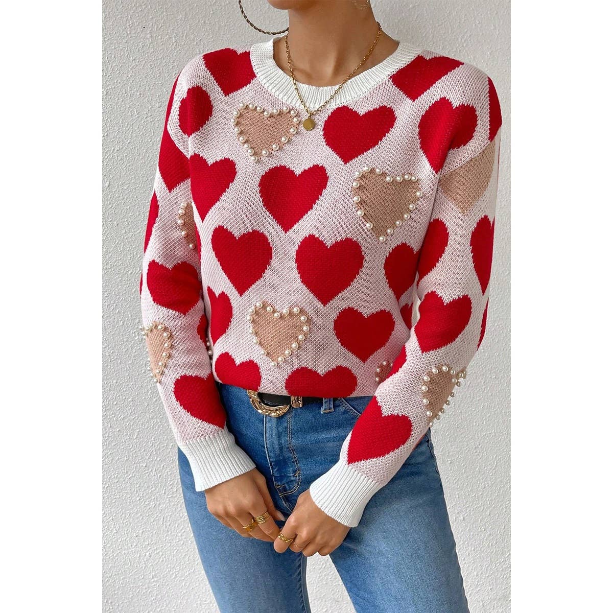 Round Neck Heart Shape Pearl Beads Knit Sweater - BBHGWM