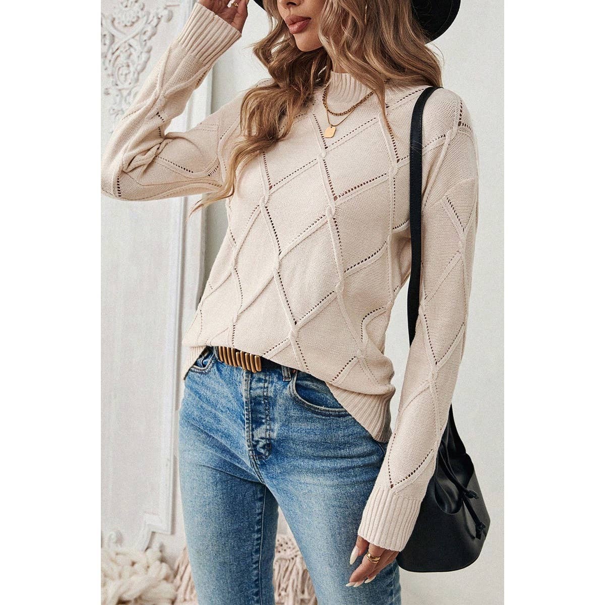 Stand Collar Long Sleeve Knit Slim Fit Sweater - BBHGWM