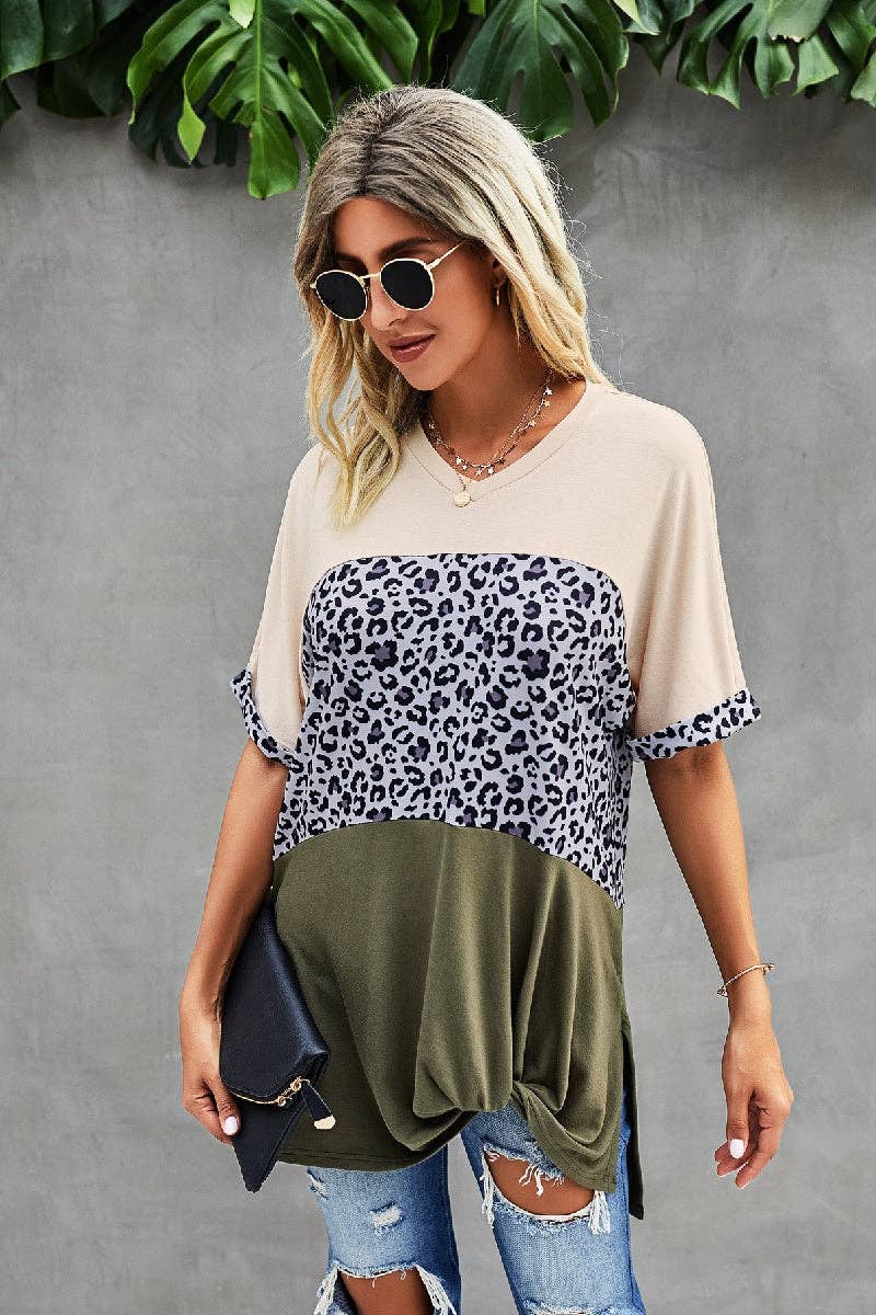 Crew Neck Color Block Animal Print Top - BBHGWM