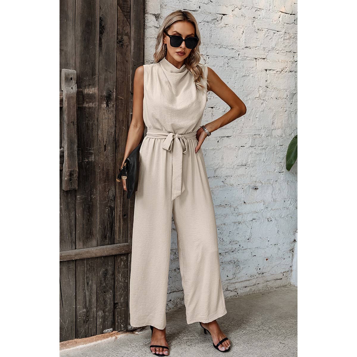 Solid Sleeveless Cut Out Back Belted Jumpsuit - BBHGWM