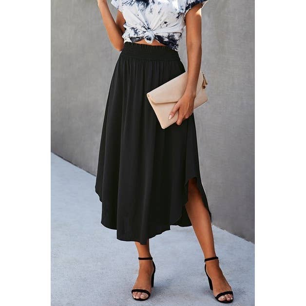 Solid Shirred Elastic Waist A Line Flared Skirt - BBHGWM