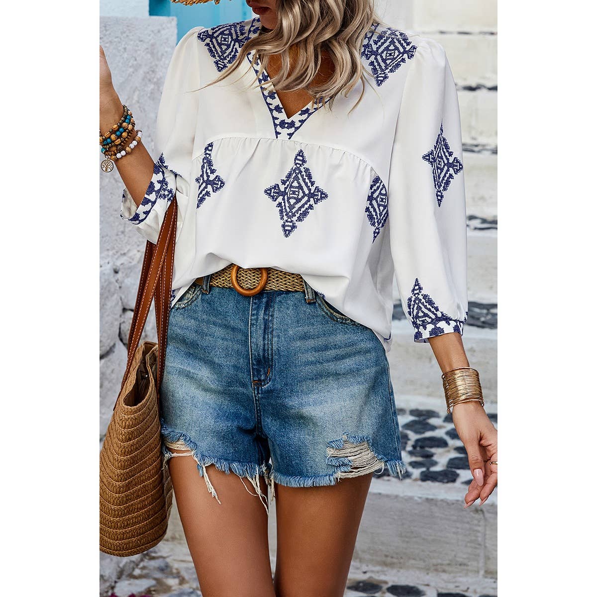 Printed T Shirt V Neck Loose Puff Sleeves Shirts - BBHGWM
