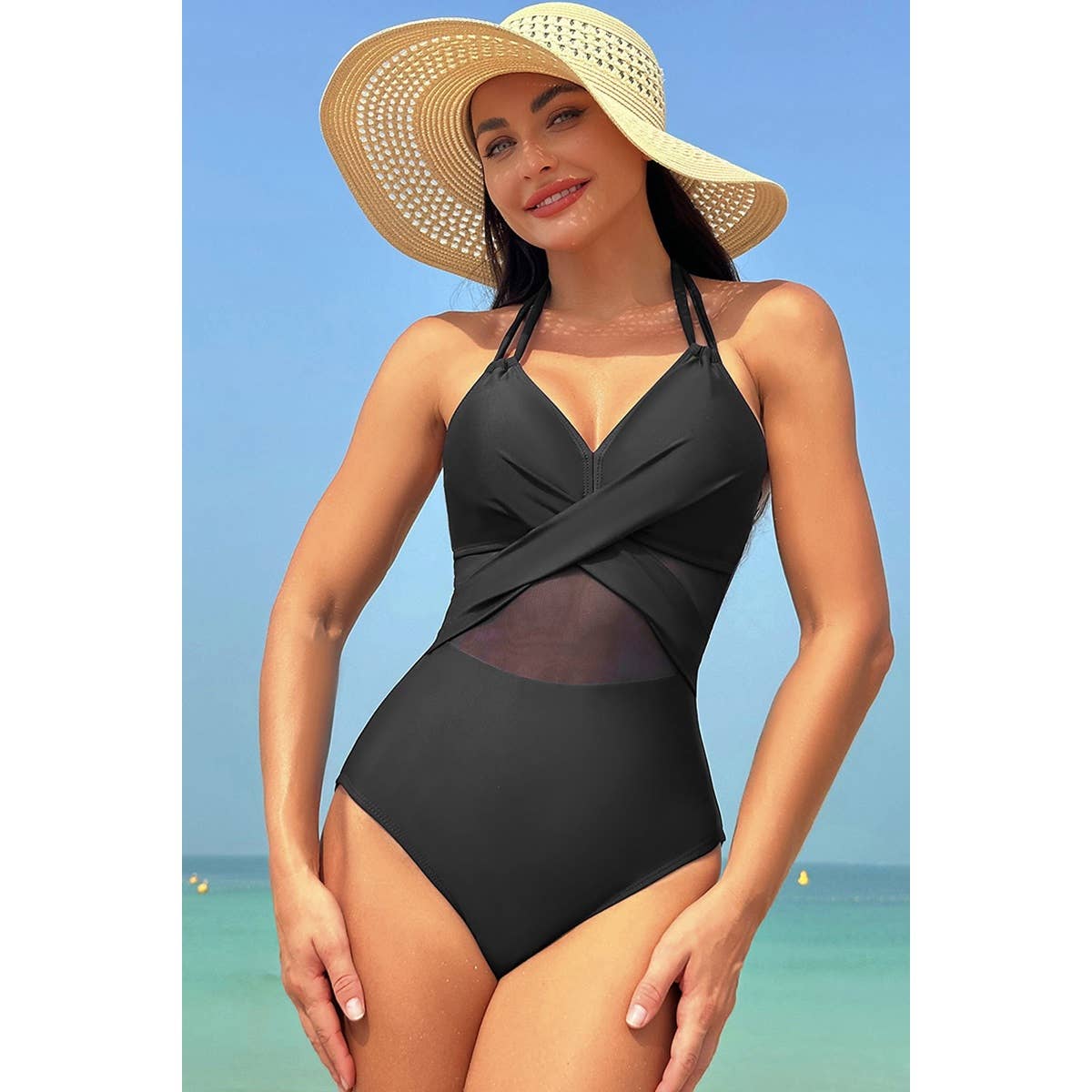 Color Block Halter Cross Lace One Piece Swimsuit - BBHGWM