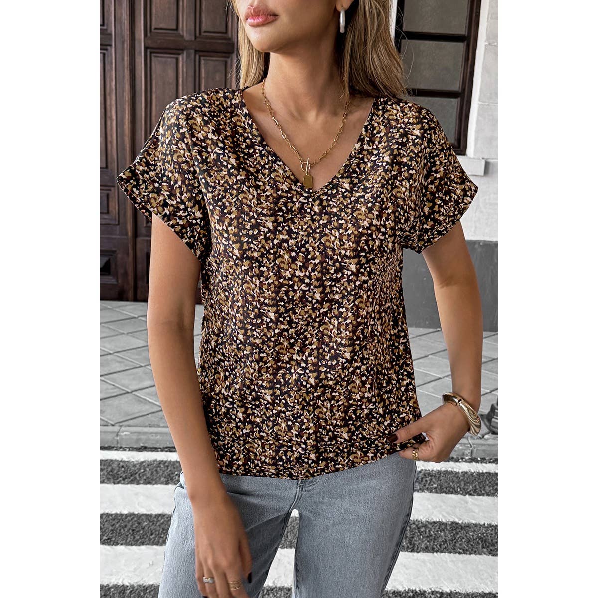 V Neck Floral Print Extended Sleeves Top - BBHGWM