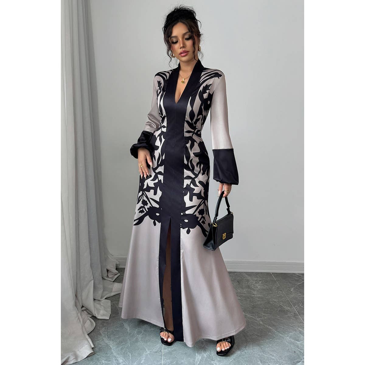 Floral V Neck Fit Long Lantern Sleeve Dress - BBHGWM