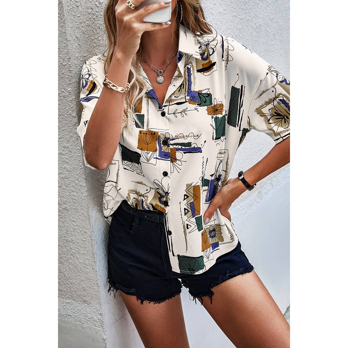 Geometric Print Short Sleeve Collar Button Blouse - BBHGWM