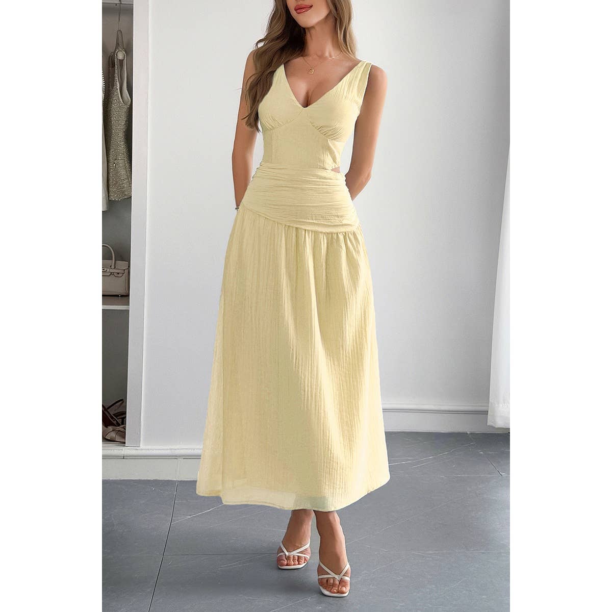 Solid V Neck Cutout Sleeveless Midi Fit Dress - BBHGWM