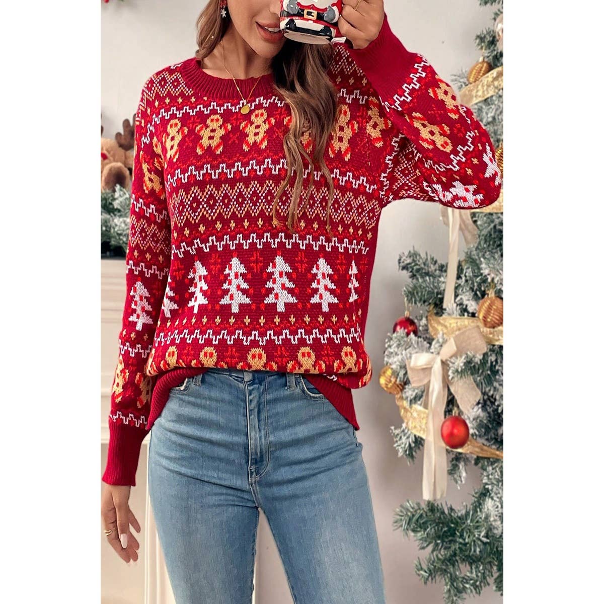 Gingerbread Man Pattern Knit Crewneck Sweater - BBHGWM