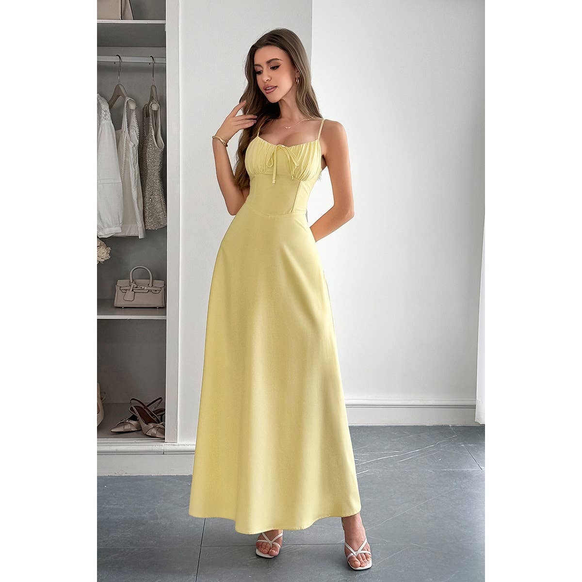 Square Neck Sleeveless Ruched Tie A Line Dress - BBHGWM