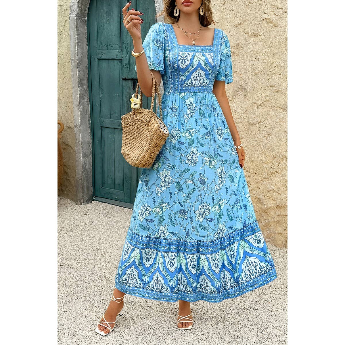 Square Neck Floral A Line Fit Full Dress - BBHGWM