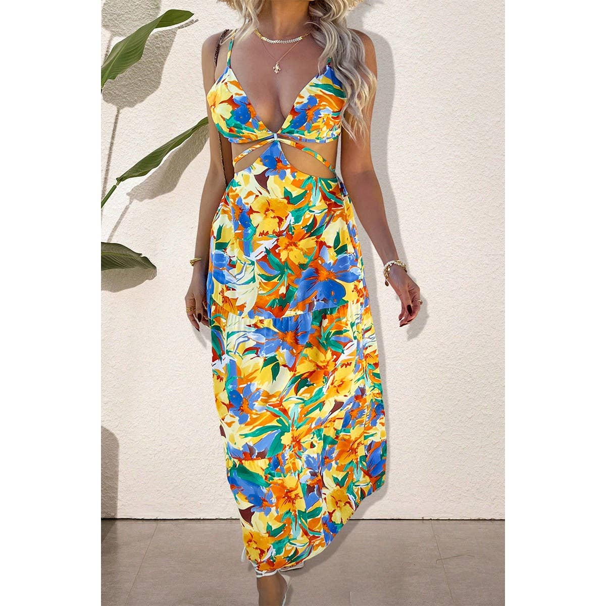 Floral Print Cut Out Color Block Full Dress - BBHGWM