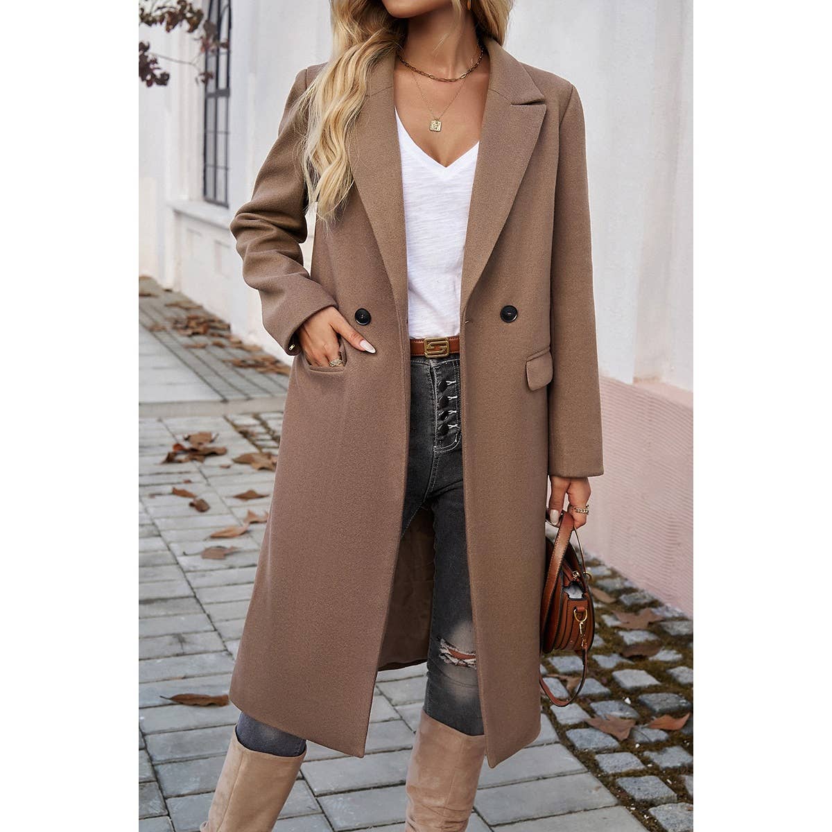 Double Breasted Pocket Lapel Neck Long Jacket Coat - BBHGWM