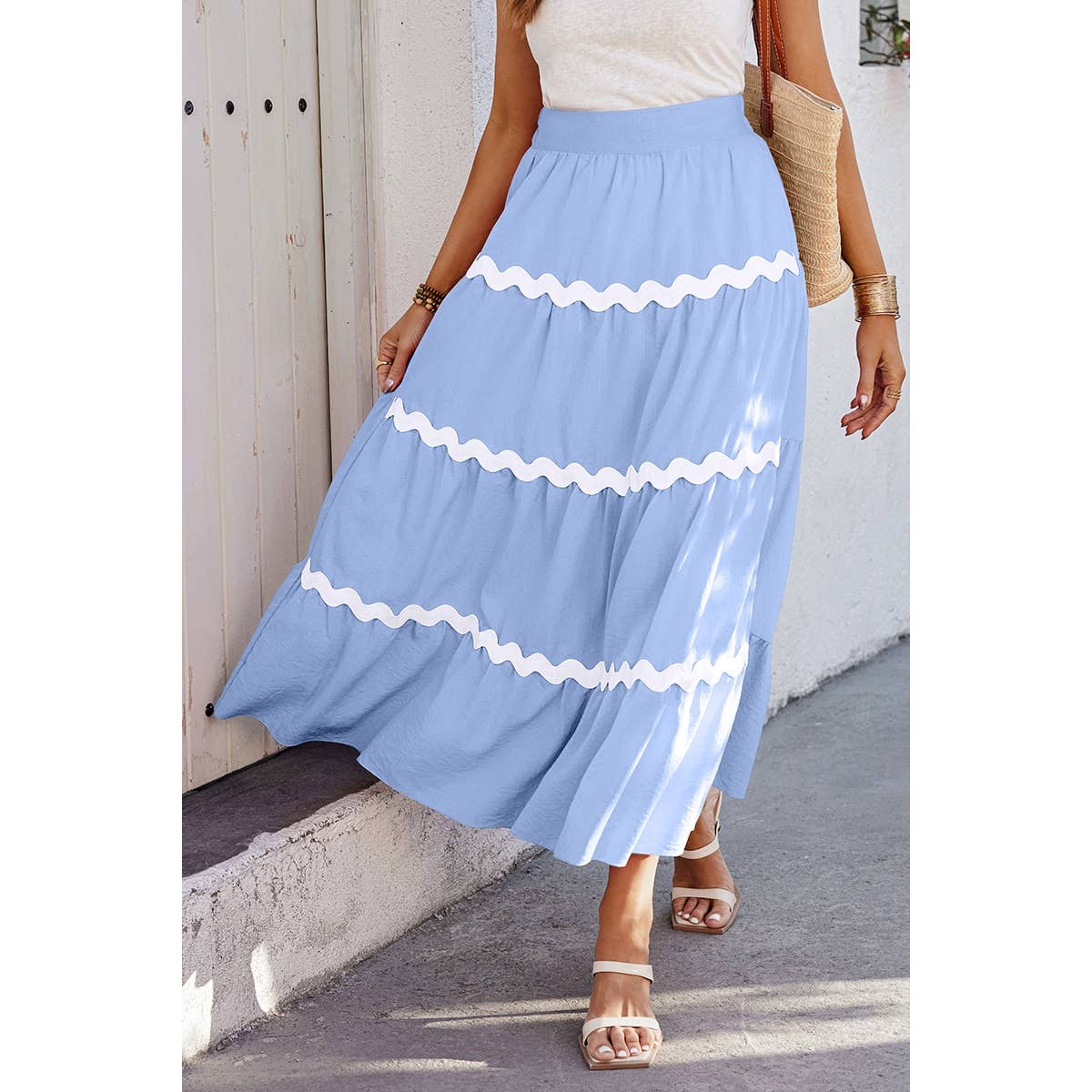 Waves Print Pleated Elastic Waist Band Skirt - BBHGWM
