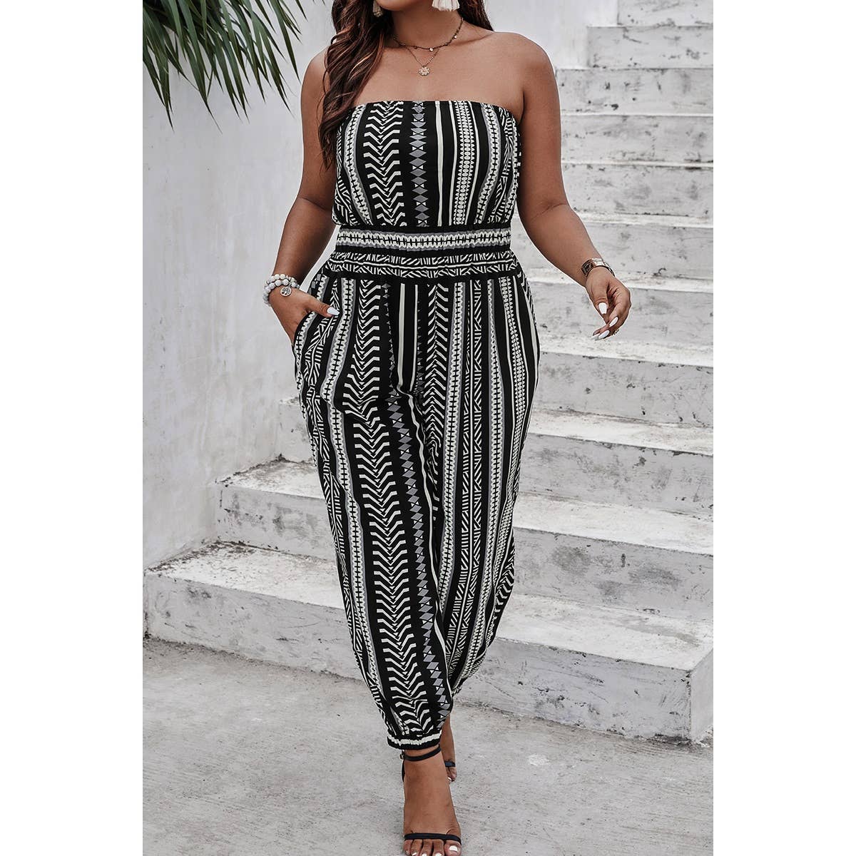 Plus Size Print Off Shoulder Sleeveless Jumpsuit - BBHGWM
