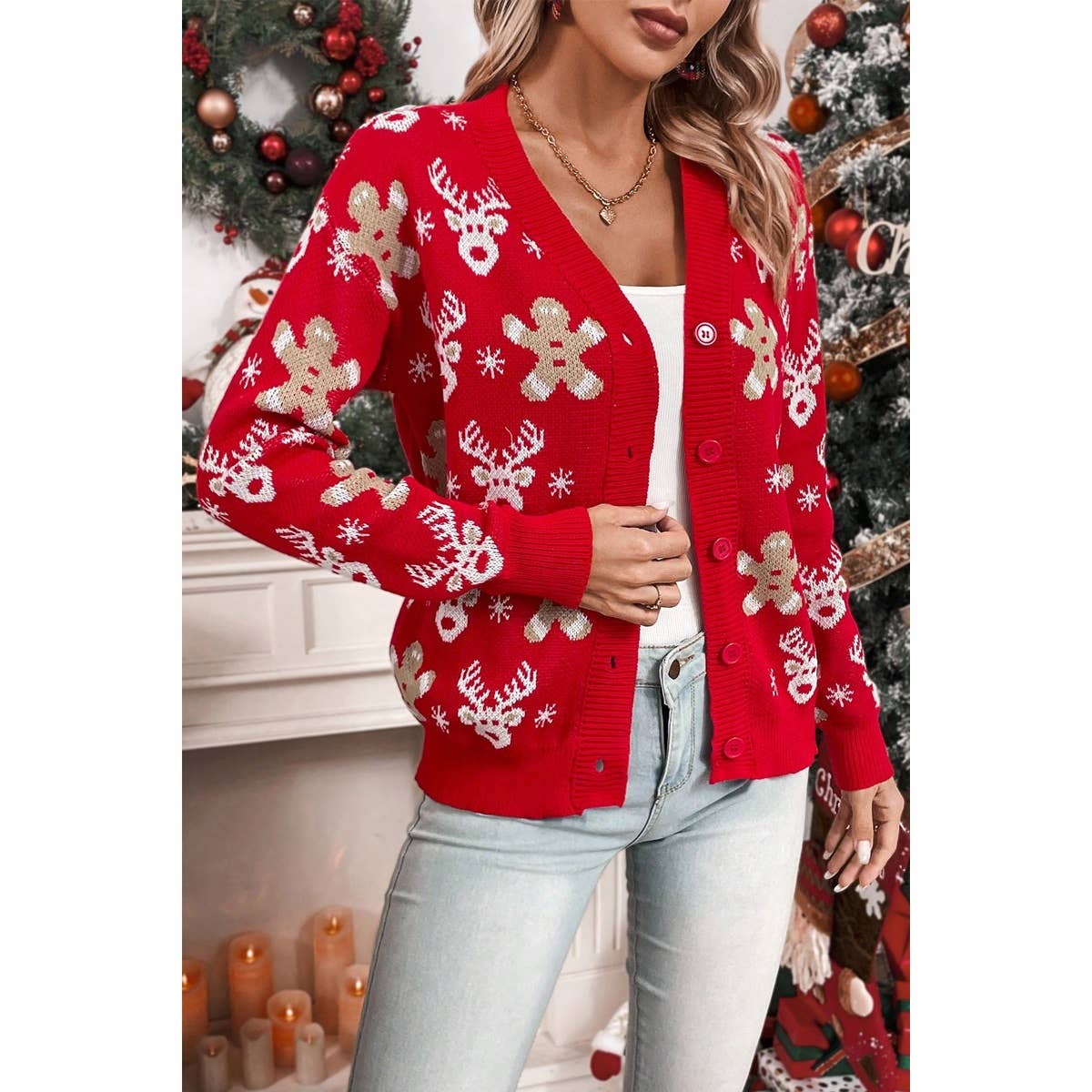 Elk Gingerbread Man Snowflake V Neck Cardigan - BBHGWM
