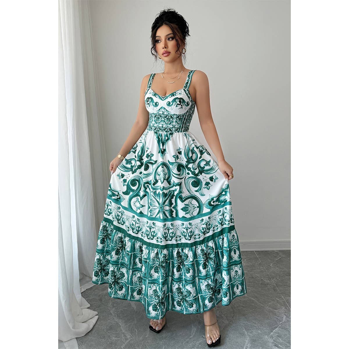 Sleeveless A Line Suspender Printed Long Dress - BBHGWM