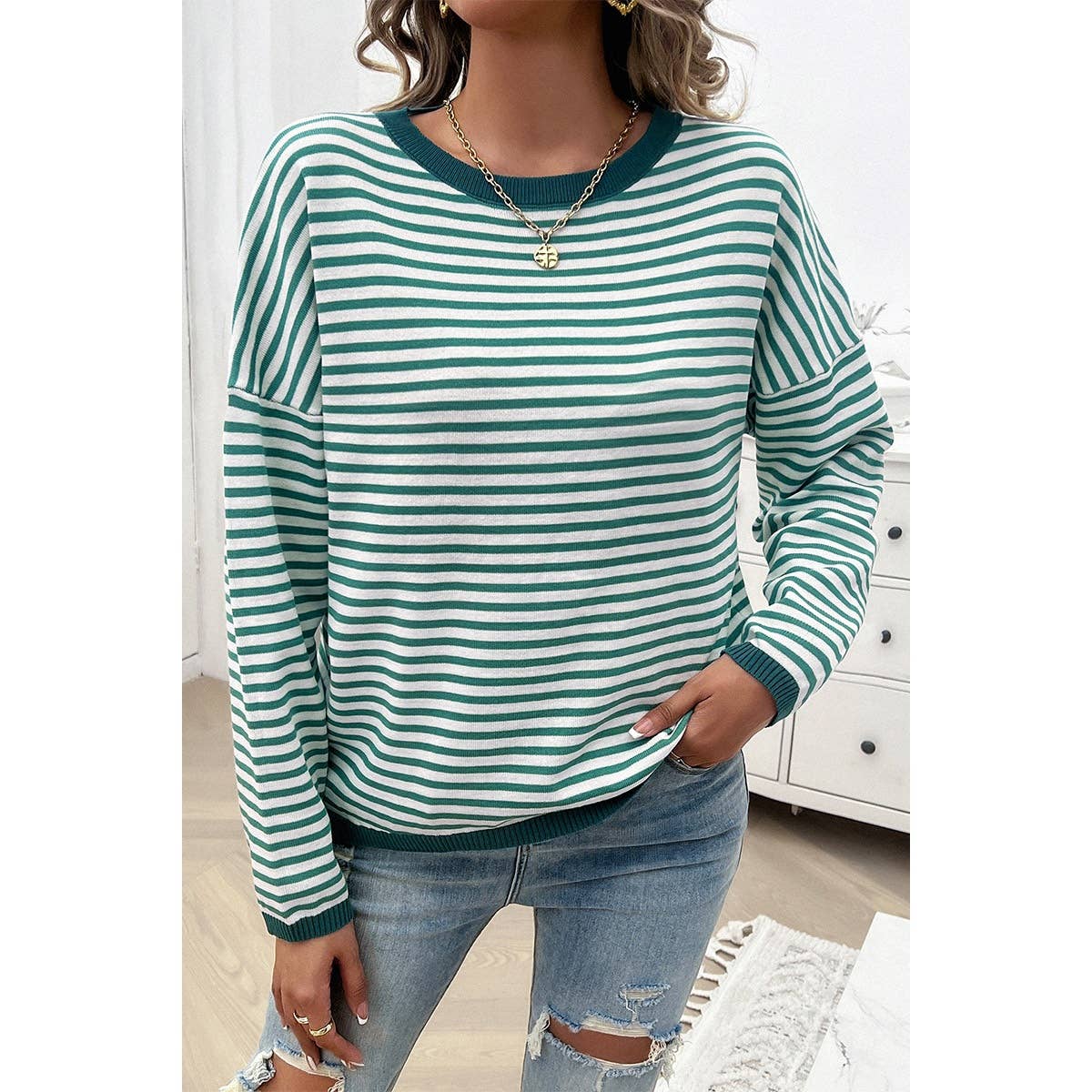 Strip Round Neck Drop Shoulder Loose Sweater - BBHGWM