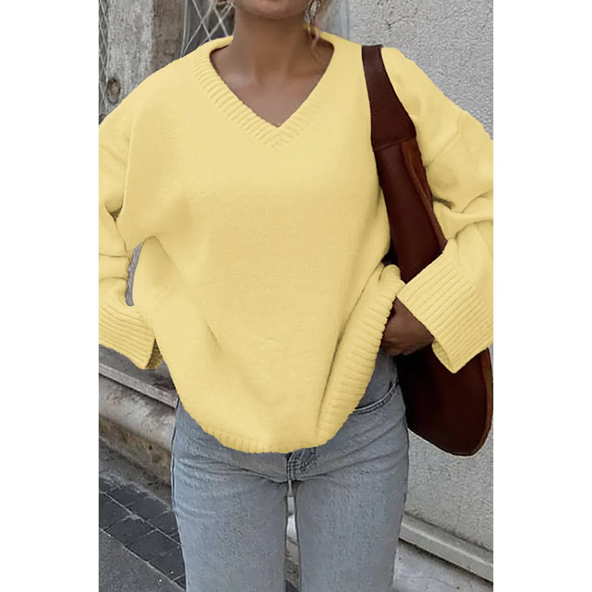 Solid V Neck Loose Knit Vintage Sweater - BBHGWM