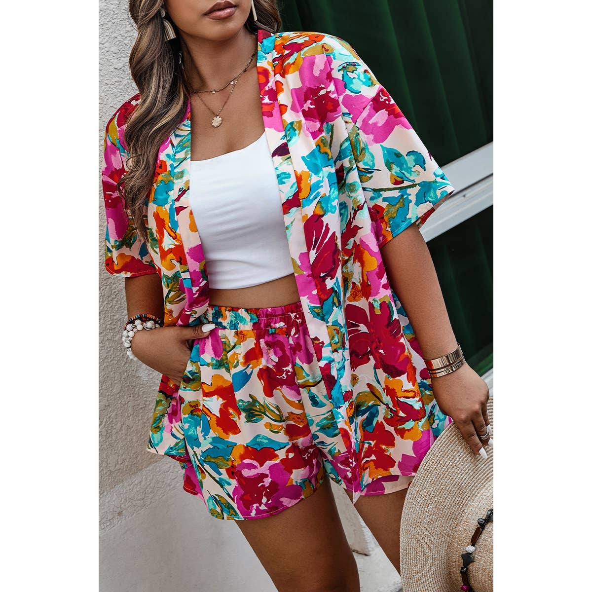 Plus Size Floral Print Open Front Shorts Sets - BBHGWM
