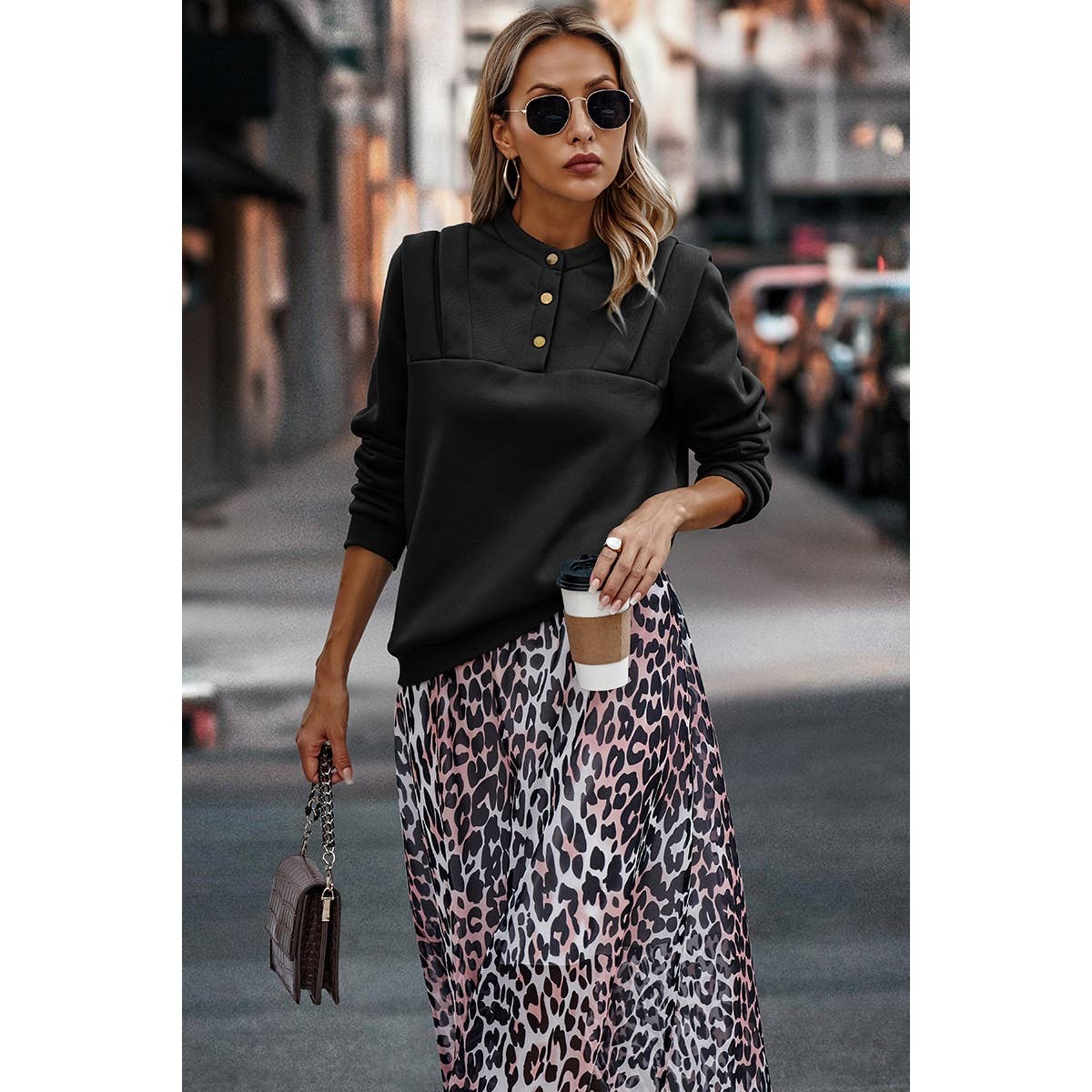 Spice Button Trim Lapel Solid Round Neck Pullover - BBHGWM