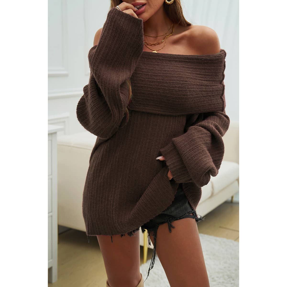 Off Shoulder Slash Neck Knitted Sweater - BBHGWM