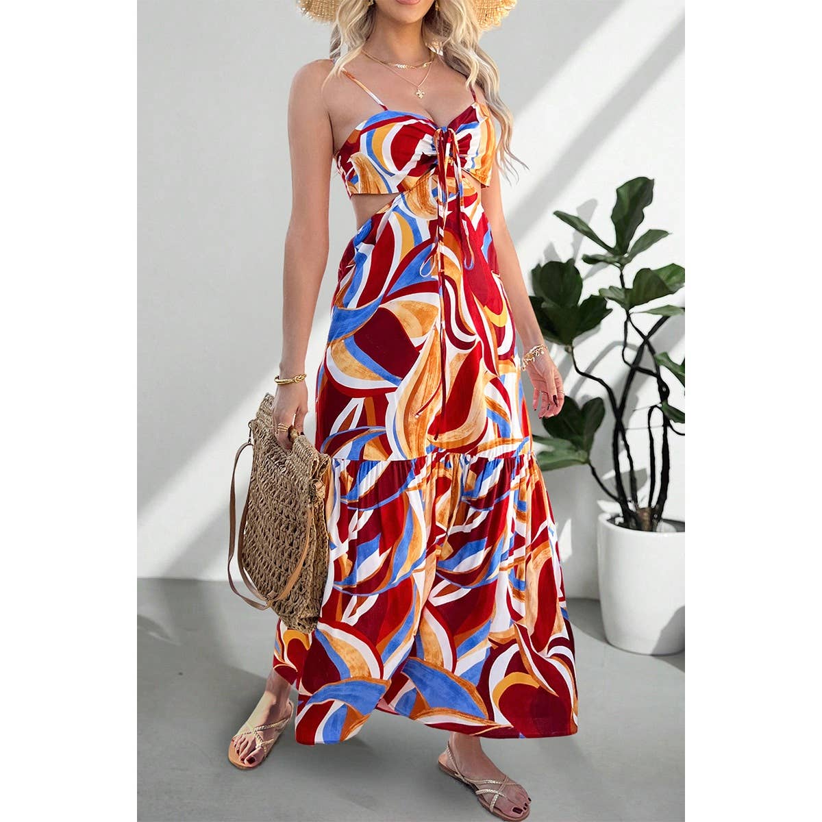 Sleeveless Front Knot Ruched Cut Out Long Dress - BBHGWM
