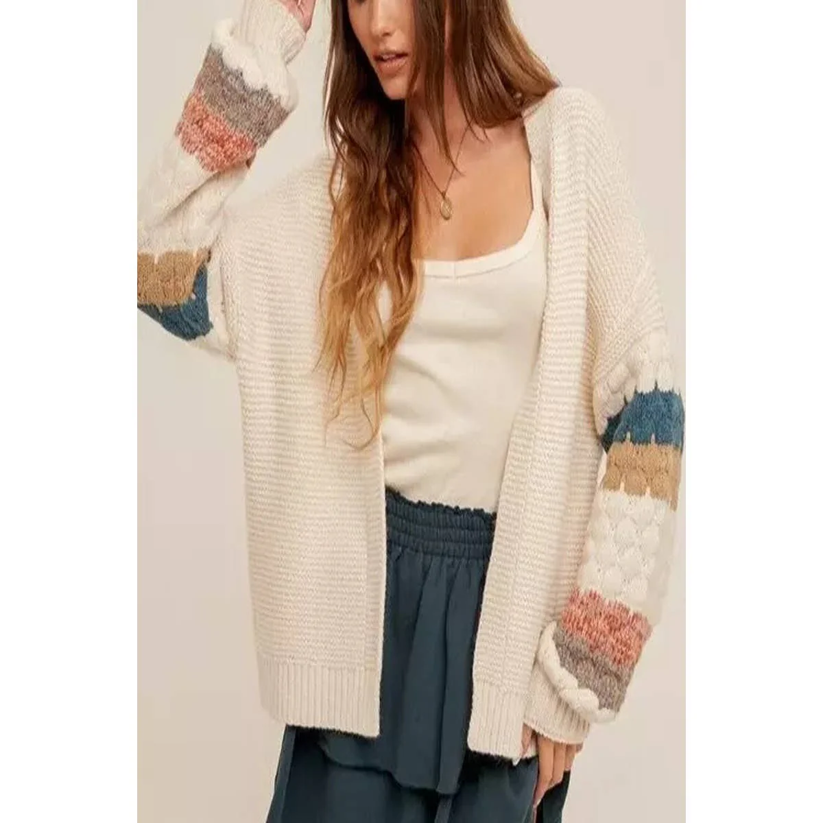 Open Front Crochet Sleeve Stripe Pattern Cardigan - BBHGWM