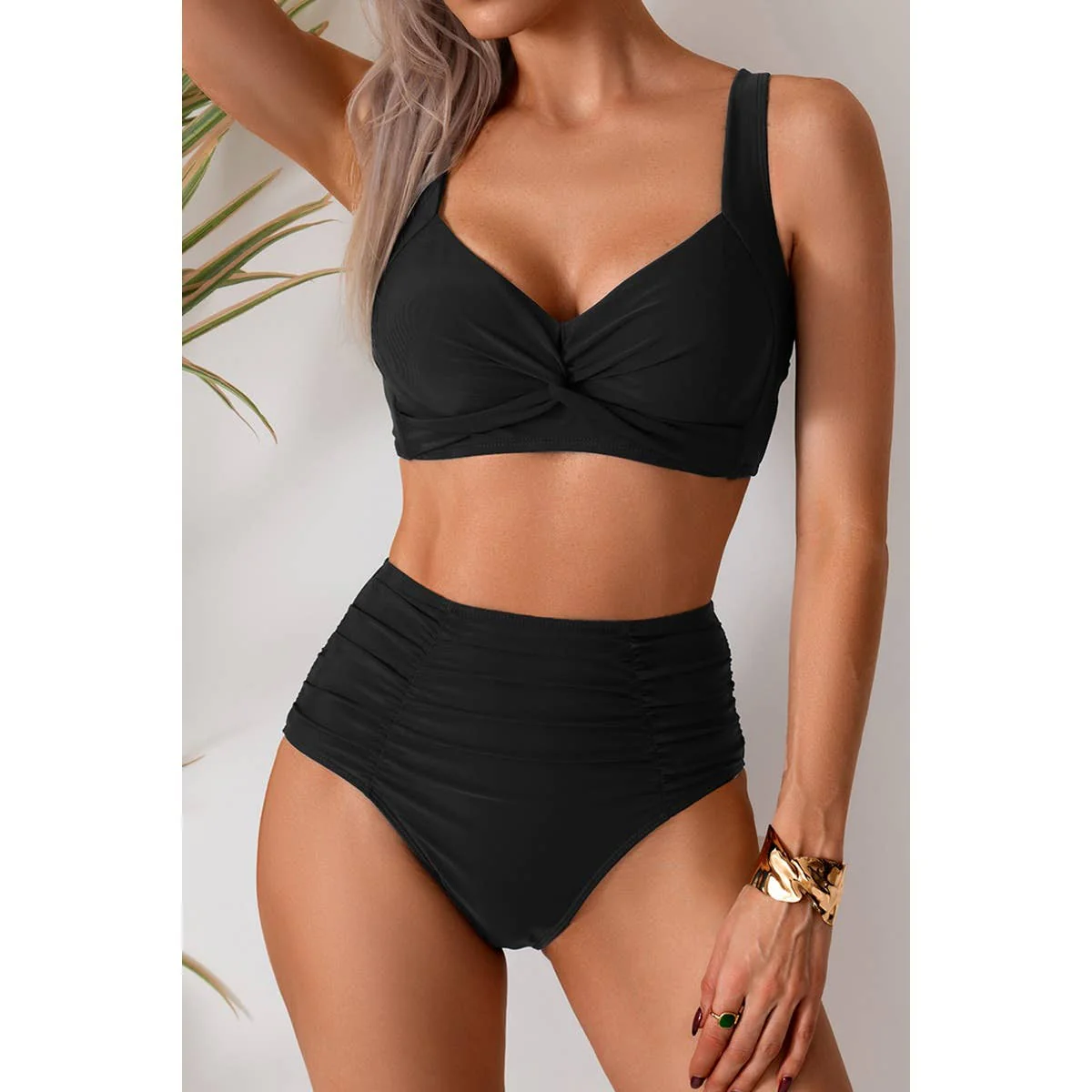 Solid Cross Push Up Two Piece Ruched Swimsuit - BBHGWM