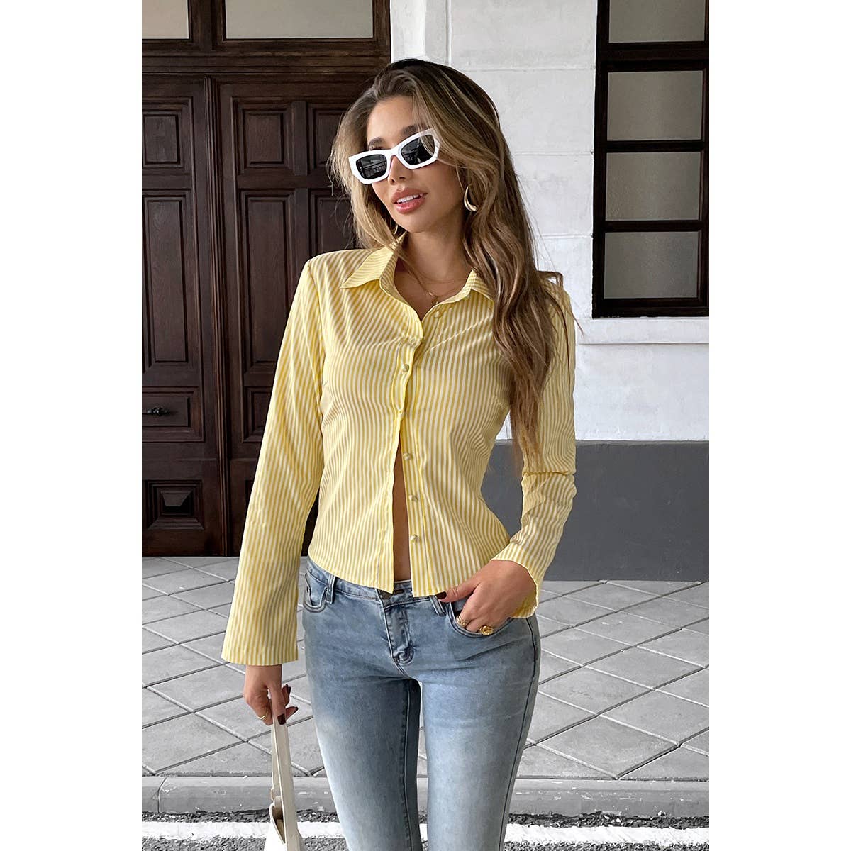 Button Down Striped Slim Fit Long Sleeve Blouse - BBHGWM