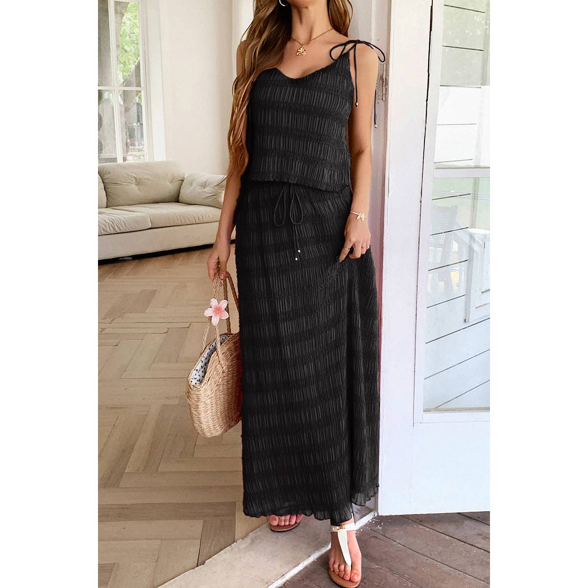 Solid Two Piece Strappy Maxi Skirt Crop Top Set - BBHGWM