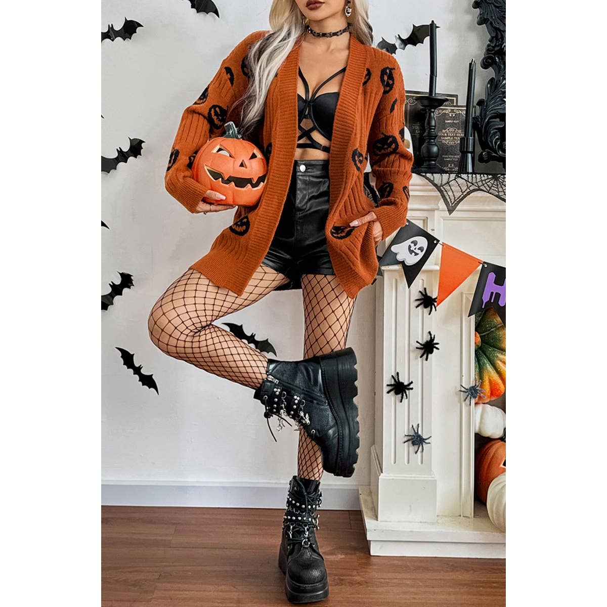 Pumpkin Print Open Front Long Sleeve Cardigan - BBHGWM