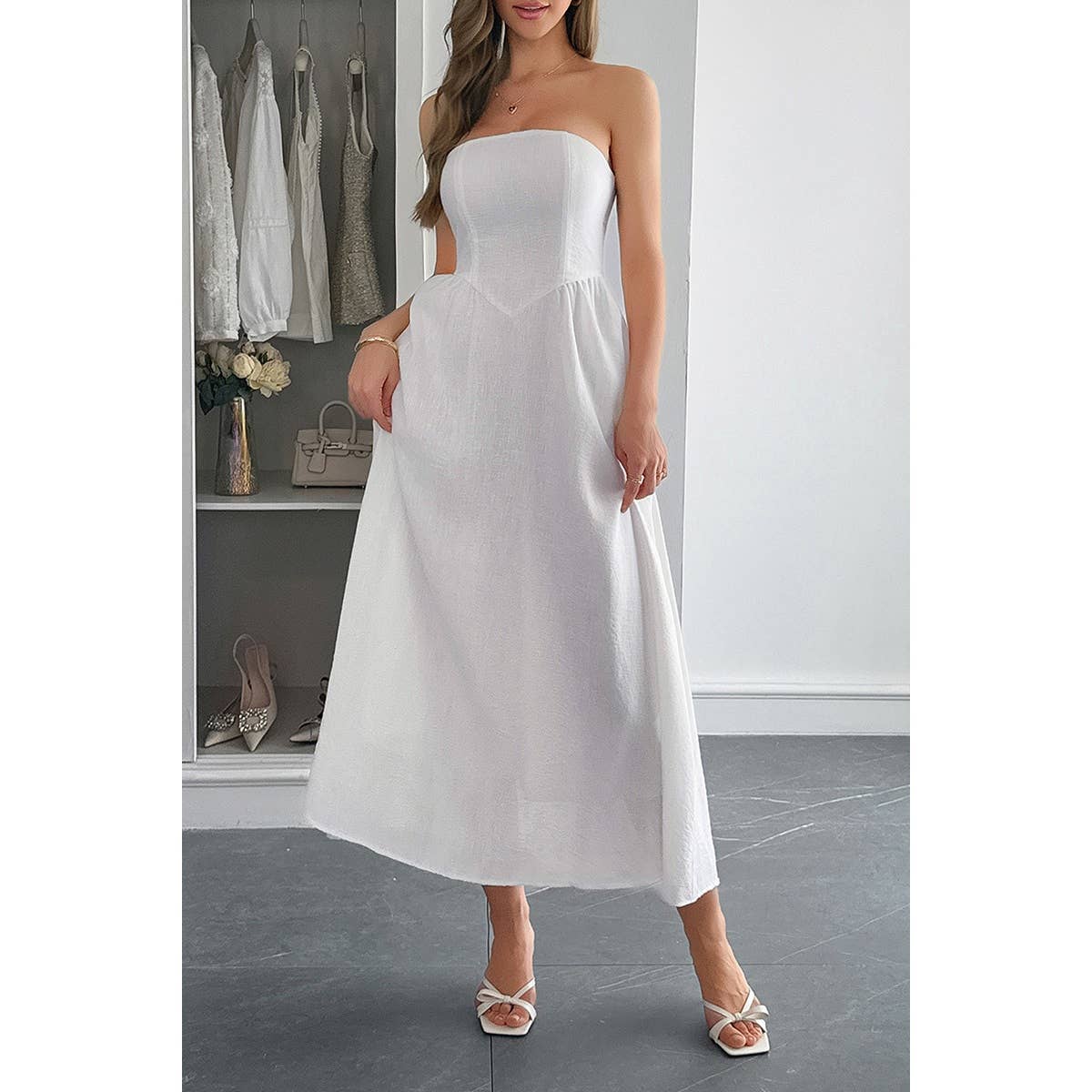 Solid Strapless Slim Waist Hide Zipper Long Dress - BBHGWM