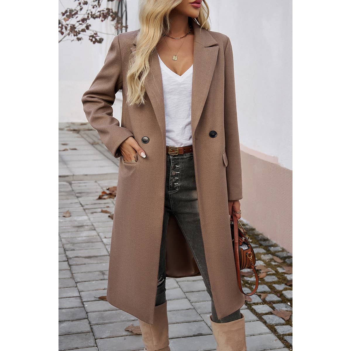 Double Breasted Pocket Lapel Neck Long Jacket Coat - BBHGWM