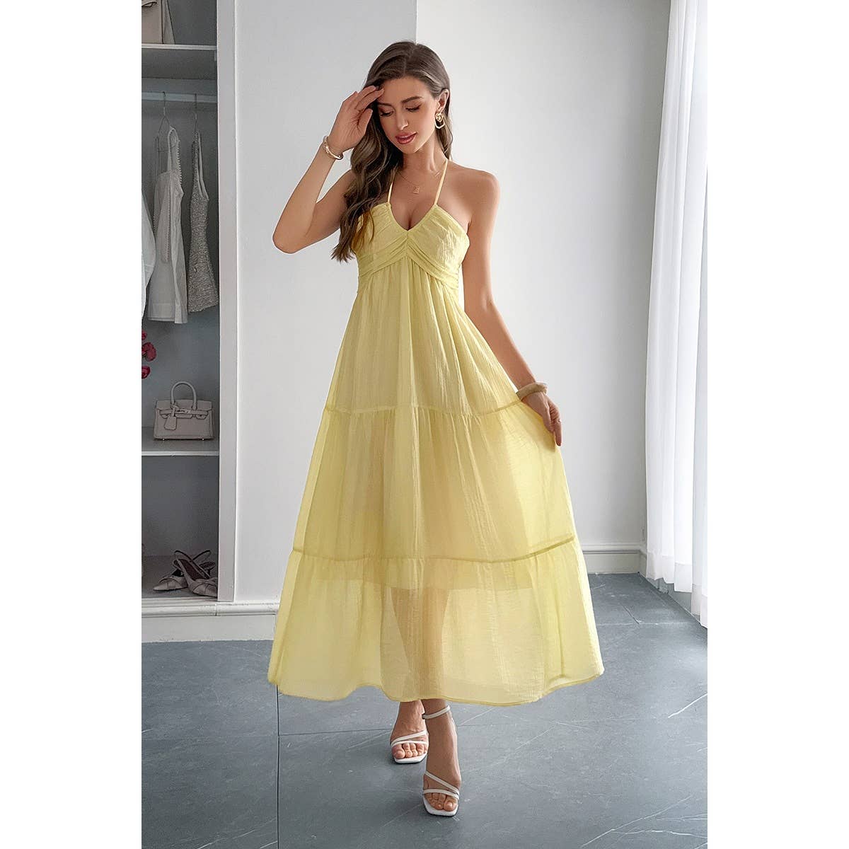 Solid Halter Muse Tiered Ruffle Long Dress - BBHGWM